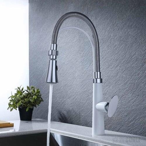 White chrome brass kitchen sink faucet Pull out cold hot water kitchen faucet Copper single hole high quality Rotatable faucet