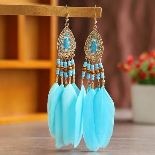 Bohemian Fashion Women Earrings 2020 Trend Drop-shaped Long Handmade Wooden Bead Feather Tassel Earrings