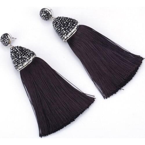 Bohemia Boho Classic Black Silk Fabric Thick Tassel With Black Rhinestone Cap Connector Studs Dangle Tassel Earring For Women
