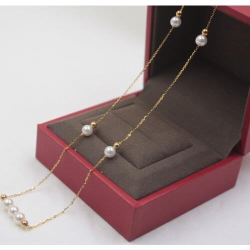 Pure 18K Yellow Gold Necklace O Chain Link For Women Natural Akoya 7PCS Pearl Link 16.5''L 4.5-5mmW