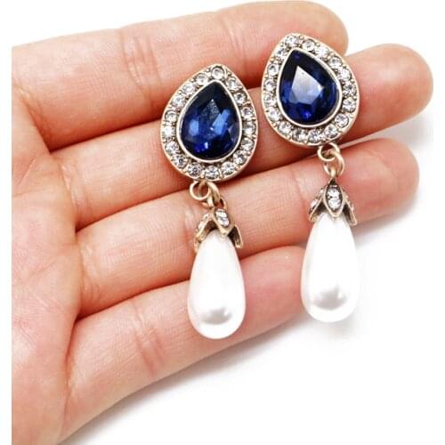 Teardrop-Pearls Earrings Elegant Rhinestones Retro Crystal Party Sweet