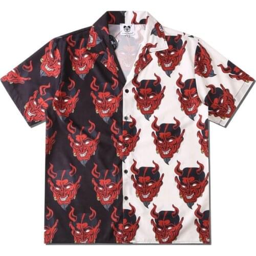 Hip Hop Streetwear Hawaiian Shirt Short Sleeve Devil Anime Printing Splicing Shirts For Men Beach Holiday Camisa Masculina