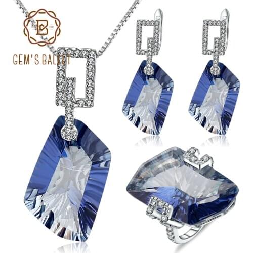 GEMS BALLET 63.59Ct 925 Sterling Silver Necklace Earrings Ring Set Natural Iolite Blue Mystic Quartz Jewelry Set For Women