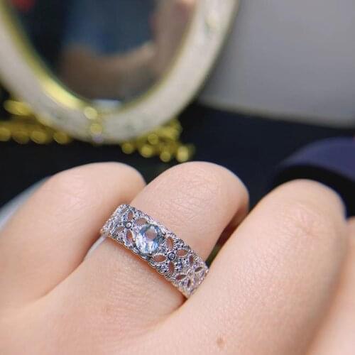 Vintage Silver Gemstone Ring for Party 4mm*5mm Natural Aquamarine Ring Solid 925 Silver Aquamarine Jewelry