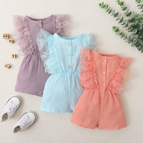 Newborn Baby Girls Lace Ruffled Sleeveless Romper Sweet Cute Cotton Jumpsuit Solid Outfit Casual Clothes Summer Clothing D30