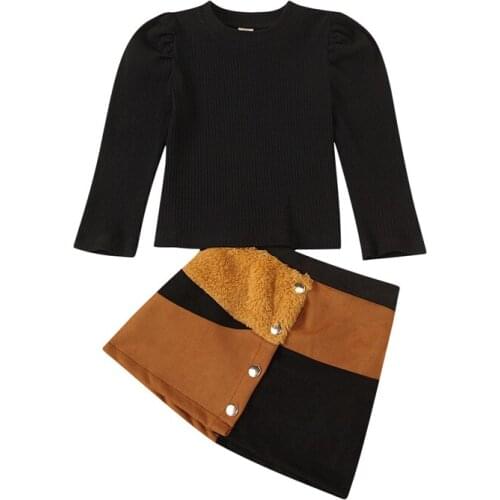 Fashion Infant Baby Girl Clothes Sets Solid Black Sweater Tops+Leather Patchwork Skirt Outfits Clothing 1-8Y Toddler Sets