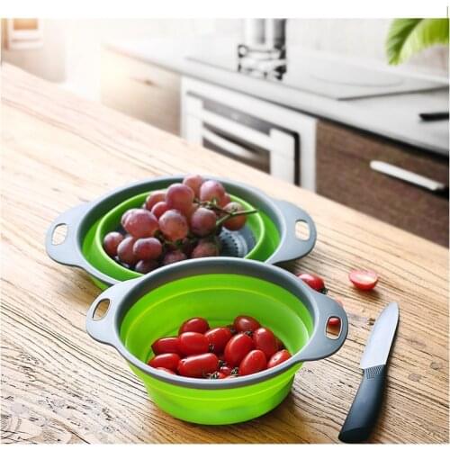 Roundness Fruit Vegetable Washing Basket Foldable Silicone Colander Strainer Collapsible Drainer With Handle Kitchen Tools