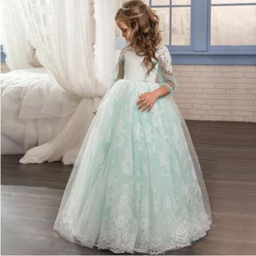 Long Sleeve Lace Applique Flower Girls Dresses Half Sleeve Elegant Girls Party Dresses Mint Green Girls Birthday Dresses Custom