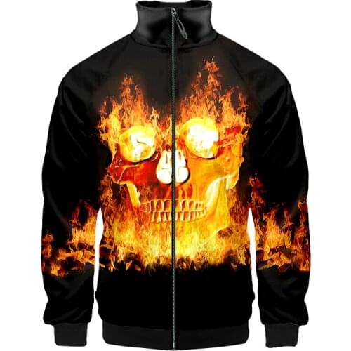 New Stand Collar Jacket Flame Skull 3d-printed Men/women Novelty Streetwear Casual Fitness Harajuku Fall Winter Zipper Coat OGKB