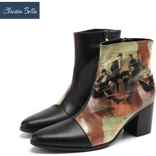 Christia Bella Vintage Print Men Party Boots Increase Height High Heel Man Ankle Boots Nightclub Prom Formal Boots Dress Shoes