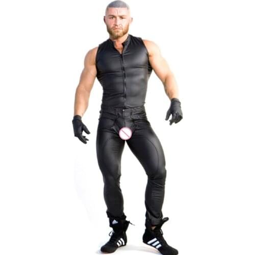 Mens Sexy Faux Leather Exotic Pants Zipper Open Crotch Fitness Pencil Trousers Black Sexy Gay Fetish Night Club Wear Tight Pants