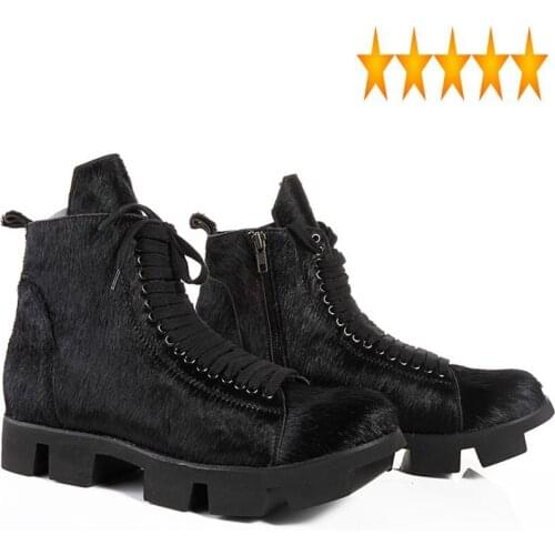 Platform Snow Brand Winter Men Black Sneakers High Quality Genuine Horsehair Leather Zipper Vintage Work Ankle Boots Shoes