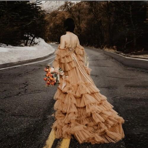 Sexy Tulle Tiered Party Dress Backless Ruffles Full Sleeve Mesh Party Gowns Dressing Off Shoulder vestido de fiesta longo