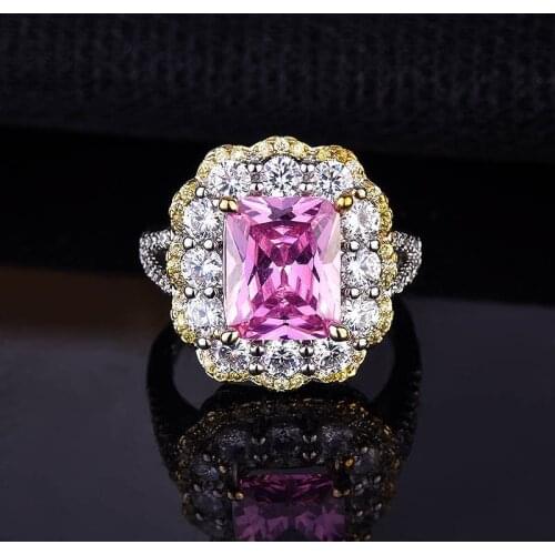 QTT 925 Sterling Silver Luxurious Square Pink Crystal Flower Resizable Ring For Women Wedding Engagement Party