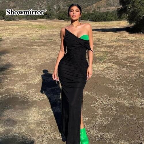 Showmirror Party Black Spaghetti Strap Maxi Dress Women Bodycon Drawstring Simple Classic Club Vestido Summer Womens Dresses