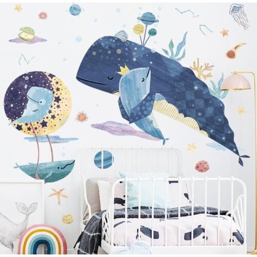 Nordic Style Underwater World Whale Wall Stickers for Kids room Nursery Decor Removable Kindergarten Wall Decoration Wallpapers
