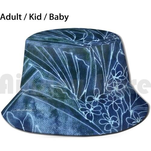 Pretty Dungarees Sun Hat Foldable UV Protection Blue Blue Jeans Indigo Tropical Jungle Rain Forest Flowers