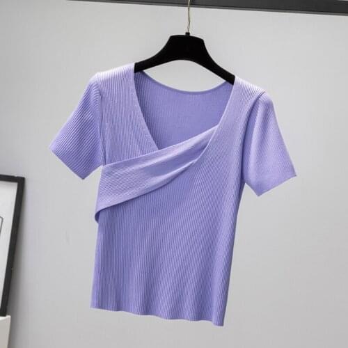 2021 Thin Summer Pullover Womens Sweater Short Sleeve V Neck Slim Short Black Sweater Soft Korean Ladies Sweaters Pull Femme