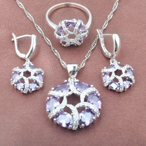 Silver Color Jewelry Sets For Women Wedding Delicate Natural Purple Cubic Zircon Engagement Dubai Holiday Gift Set TZ0440