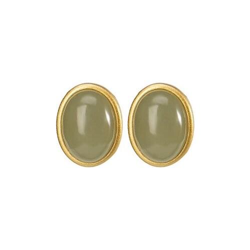 S925 sterling silver gold plated Natural Hetian gray jade Ear studs Simple Personality Ellipse Temperament Ladies Earrings