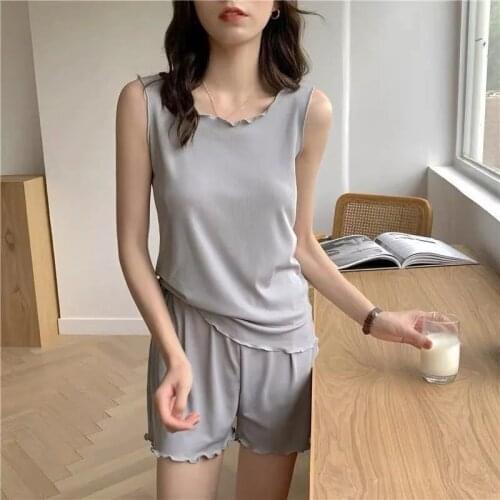 Womens Stretch Ice Silk Pajamas Female Summer Thin Shorts Vest Home Suit Summer Suit Casual Breathable Home Wear Suit Women
