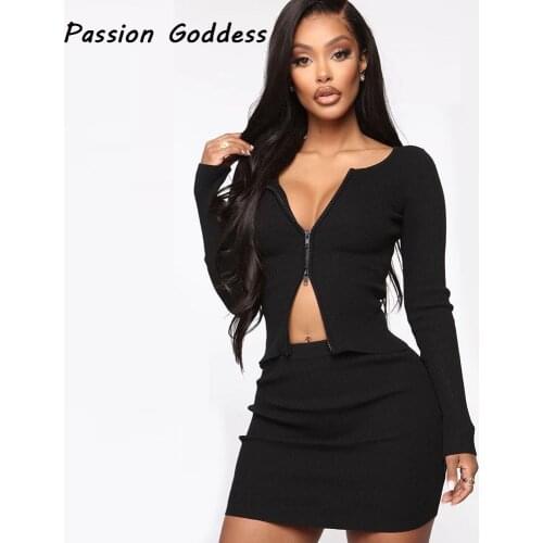 2 Piece Skirts Suit Zipper Cardigans Skirts Outfits Women Long Sleeve Zipper Sweater High Waist Package Hip Skirts Two Piece Set