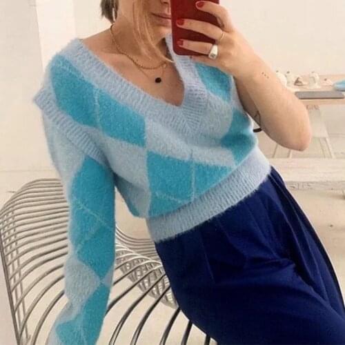 Foridol vintage fluffy argyle pullovers women two way wear blue knitted sweater vest fuzzy casual v neck sweater jumpers winter