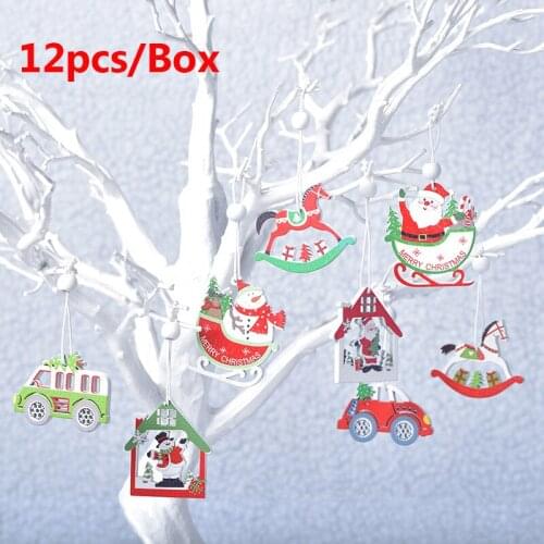12pcs/Box Christmas Decoration Wooden Painted Hanging Ornament Xmas Tree Pendants Festival Decorations Party Supplies