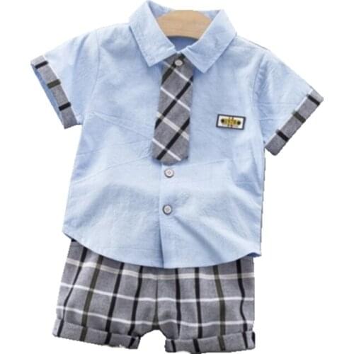 Kids Fashion Clothing Summer Children Boys Grils Cotton Clothes 2020 Plaid Tie Shirt Pants 2Pcs/Sets Toddler Gentleman Tracksuit