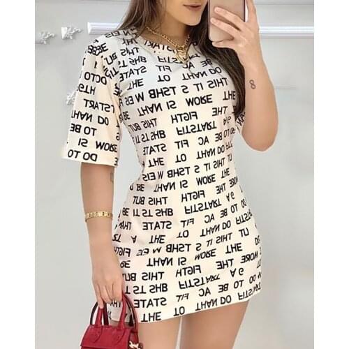 Round Neck Short Sleeve Basic Casual Summer Elegant Mini Dress Letter Print Short Sleeve Casual Dress