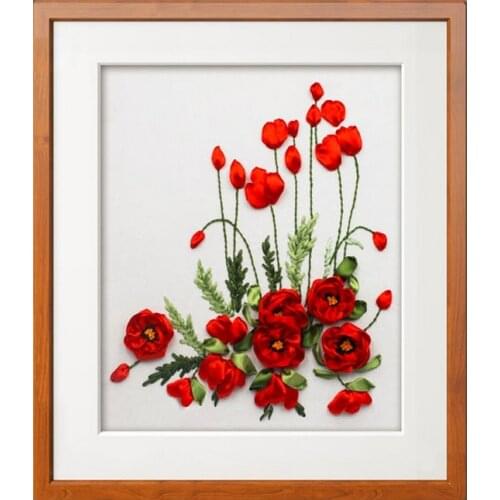 Red poppy flower Ribbon embroidery kit finished picture canvas paint handcraft stain DIY handmade needlework wall art decor