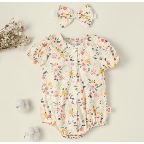 Summer Baby Girls Short Floral Sleeve Cheongsam Romper with Headband Fashion Floral Frog Buttons Triangle Jumpsuits