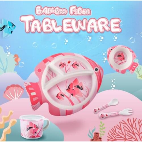 5/PCS bamboo fiber childrens tableware set combination bowl plate set cartoon fish lovely separate plate water cup fork spoon