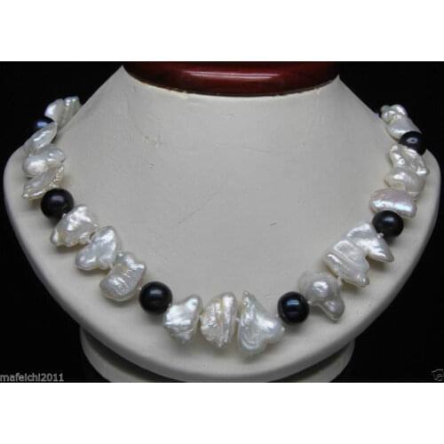 Natural White Biwa Pearl with 9-10mm AAA Round black pearl necklace 18