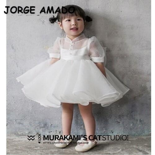 2021 New Summer Teenagers Girl Dresses White Back Bow Princess Dresses for Party Wedding Piano Perform Children Clothes E1040