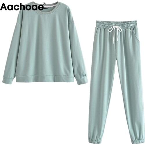 Aachoae Autumn Women Solid Casual Basic Cotton Tracksuits O Neck Long Sleeve Tops With Drawstring Elastic Waist Pants Sport Wear