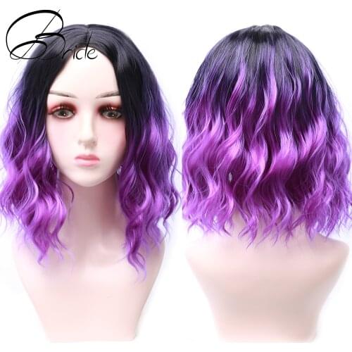 Bride Short Bob Wigs for Women Synthetic Wavy Wigs Middle Part Shoulder Length Purple Wig Heat Resistant Fiber Cosplay Hair