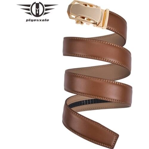 Plyesxale Mens Brown Belt With Automatic Ratchet Buckle Cow Genuine Leather Belts For Men Luxury Brand Male Strap 110-130cm B173