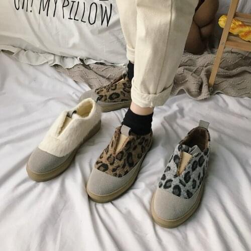Casual Garden Plush Shoes Women Simple Solid Daily Stree Flat Shoe Leopard Daily Stree Fur Warm Winter Boat Shoes Flat W36-60