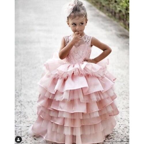 Puffy Pink Flower Girls Dresses Princess Girls Blush Pink Communication Celebration Dresses Ball Gowns Custom