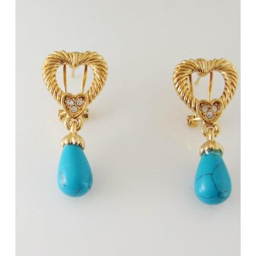 FREE SHIPPING/MIN ORDER 10$/4.4g - YELLOW GOLD GP OVERLAY DANGLER TALL 1.3" HEART SHAPED EARRING/GREAT GIFT