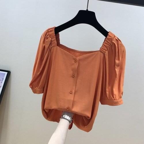 Chiffon Solid Women Shirts Summer New 202 Square Collar Half Sleeved Loose Elegant Office Lady Outwear Coats Tops