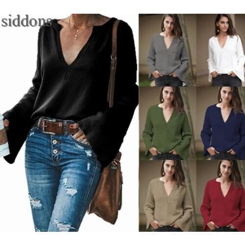 Свитер женский autumn fashion solid color pullover sweater V-neck large size loose sweater comfortable knitted pullover a282