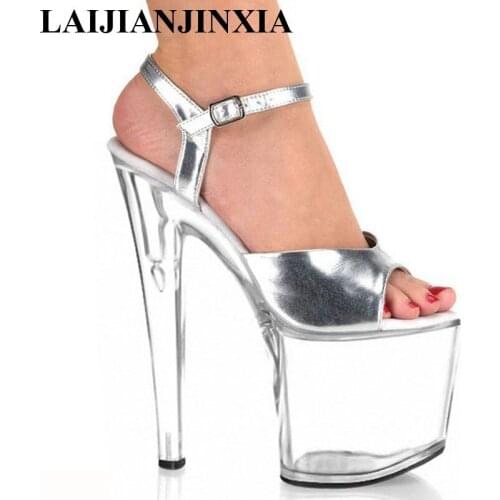 LAIJIANJINXIA 20cm high-heeled shoes transparent crystal sandals 8 inch wedding dress shoes back strap party Exotic Dancer shoes