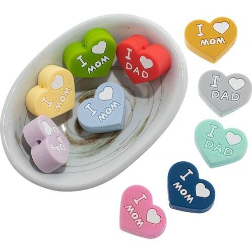 TYRY.HU 10pc/lot I LOVE MOM/DAD Silicone Beads Baby Silicone Heart Chewable Teething Beads DIY Childrens Necklace Pendant