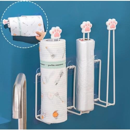 Iron Roll Paper Storage Rack Kitchen Organizer Cling Film Shelf Cute Cat Toilet Paper Shelf Bathroom Accessories