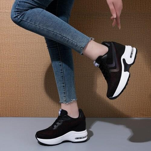 Womens Spring Autumn Casual Shoes Flying Mesh Surface Thick Bottom Inner Heightening Leisure Sports Shoe Comfortable Slope Heel