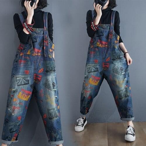 Plus Size Women Denim Overalls Printed Casual Straight Oversized Fashion Long Length Jeans Jumpsuit Female Mom Jeans High Waist