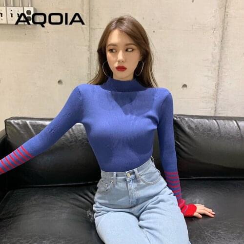 Autumn Korean style stripe Knitted Slim Women Sweaters Long Sleeve Turtleneck womens Sweater 2020 INS Fashion Female Pullovers