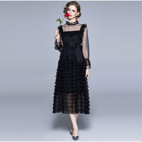 Summer Women Long Elegant Lace Dress High Quality Black Mesh Party Robe Femme Vintage Flare Sleeve Designer A-Line Vestidos